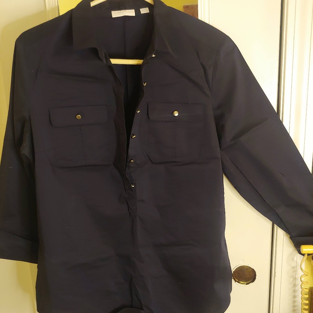 New York & Company Navy Blue Button Down Top (M)